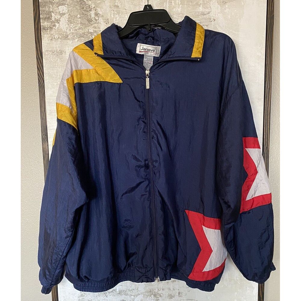 Vintage 80's 90's Janeve Women's Track Jacket Zip Front Red Yellow Stars Size XL